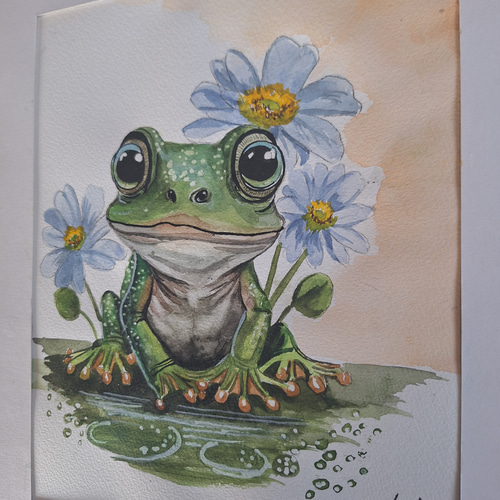 【残り1点、早い者勝ち】カエルの水彩画 木製フレーム付き 水彩画 キュートなカエルPart 2 絵画 makochin 通販 19510579｜Creema