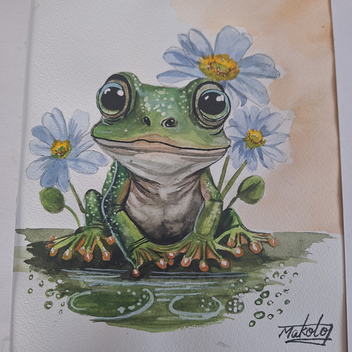 【残り1点、早い者勝ち】カエルの水彩画 木製フレーム付き 水彩画 キュートなカエルPart 2 絵画 makochin 通販 19510579｜Creema