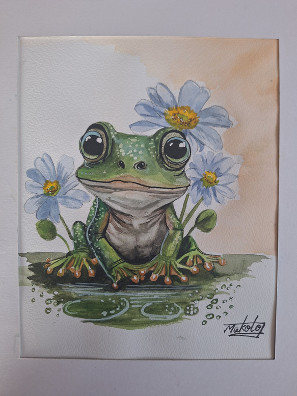【残り1点、早い者勝ち】カエルの水彩画 木製フレーム付き 水彩画 キュートなカエルPart 2 絵画 makochin 通販 19510579｜Creema