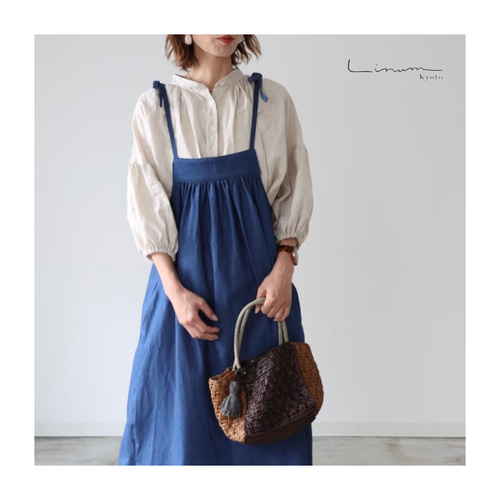 エプロンワンピース　エプロンドレス　ハンドメイド　コットンギャザーボリューム ☆綿麻 エプロンワンピース エプロンドレス☆締め付け感ゼロの