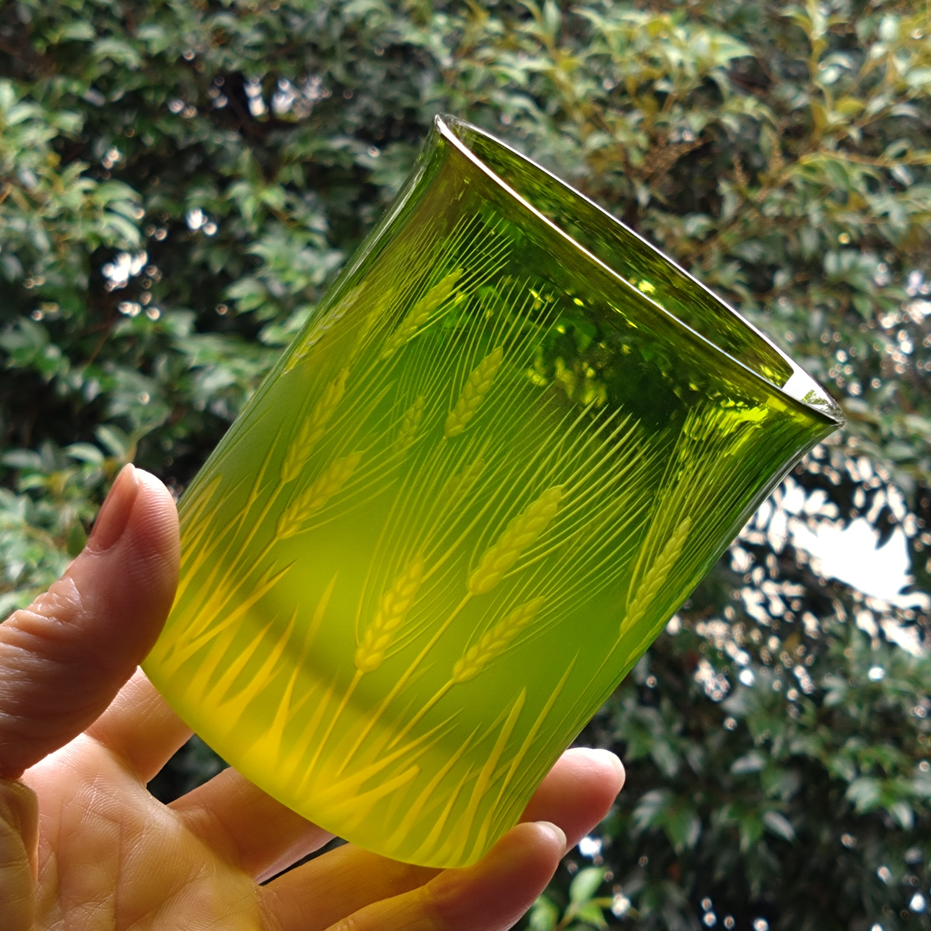 「黄金の麦畑｣　麦　黄金色　緑　ロックグラス　サンドブラスト