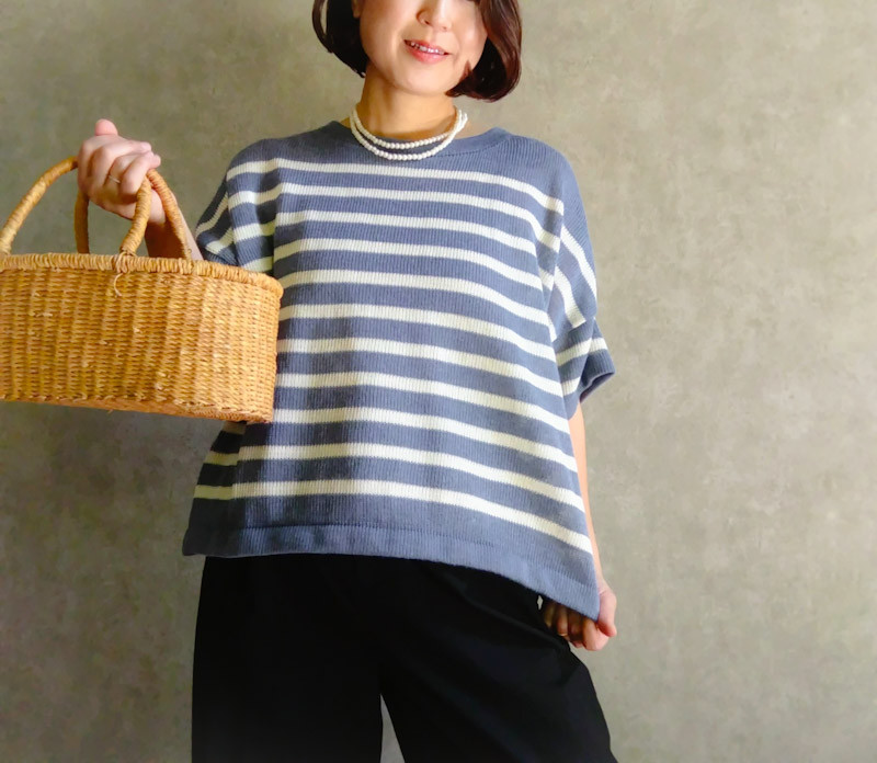 半袖リネンニット ボーダー/ スミレ×白 BigT 美シルエット