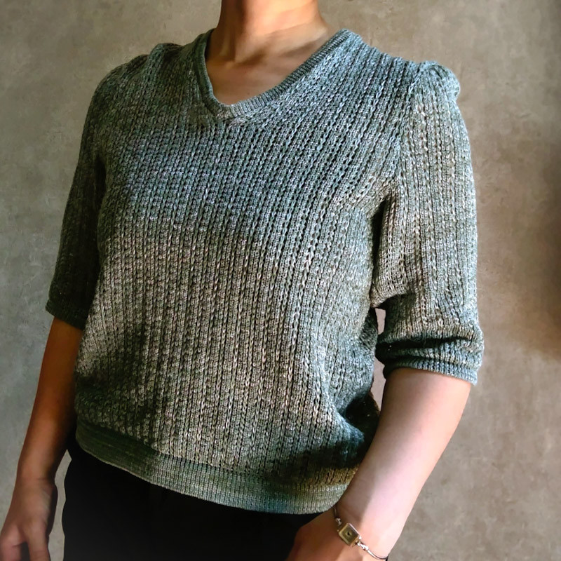 『 大人のリネンニット 』半袖 グリーン /麻 コットン サマーニット Vネック