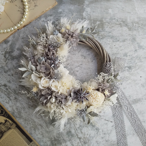 4.アンティーク紫陽花ハーフリース ⁿᵉʷ⚘.。Lune Bonheur＜shabby chic ＞＊夏＊リース＊ハーフリース