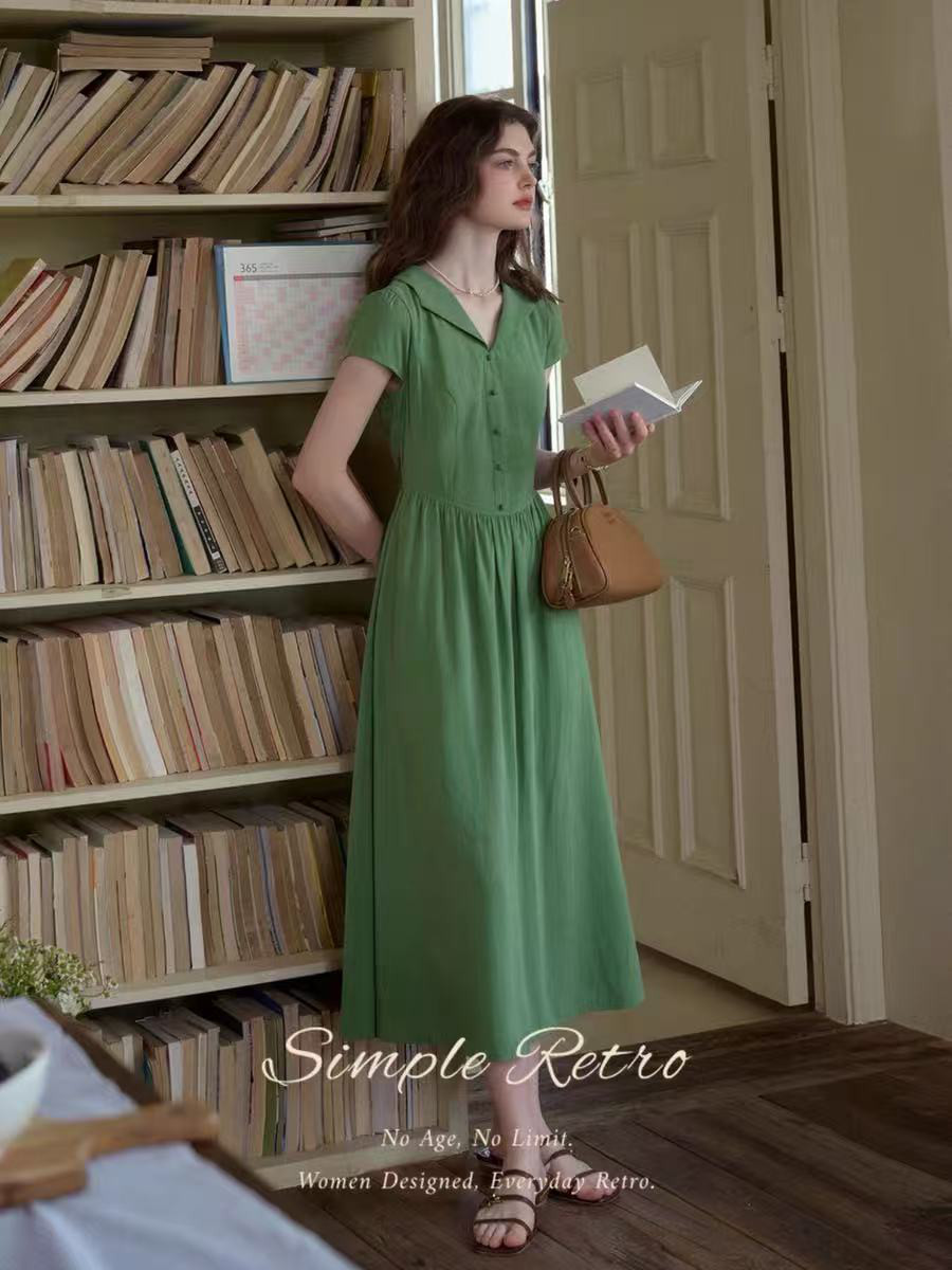 ハイウェスト ワンピース　半袖　ロングワンピース