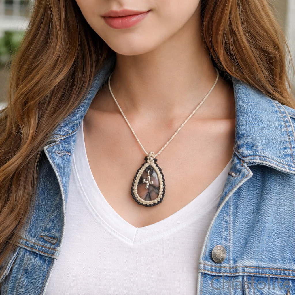 レア★聖なる黒十字石†『キャストライト』S925クロスモチーフマクラメ編トップネックレス2