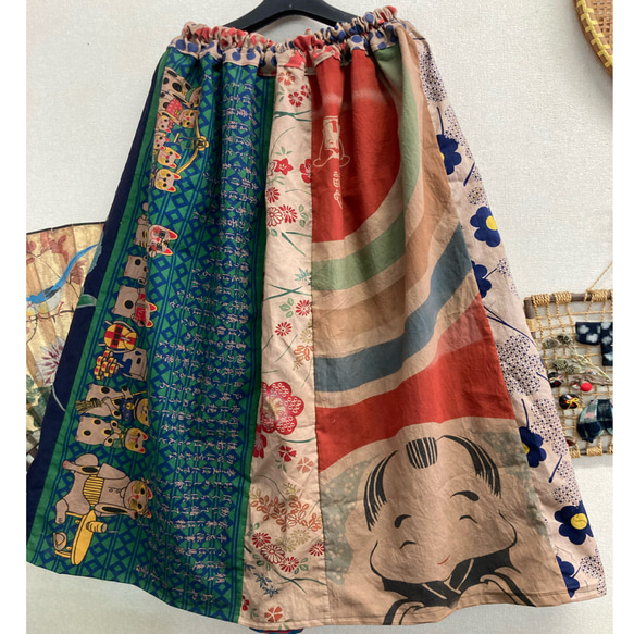 人気アイテムランキング(新品)  猫柄と福助さんの手ぬぐいと浴衣の柿渋染めスカート 手ぬぐい ショルダーバッグ