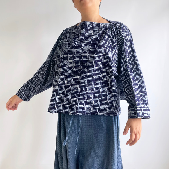 【1点もの】丁字のプルオーバー2way -浴衣地 紺に変わり格子 2WB631 6枚目の画像