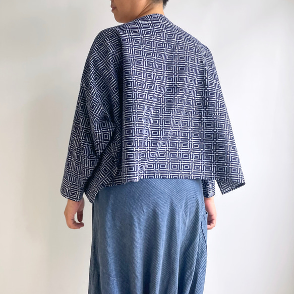 【1点もの】丁字のプルオーバー2way -浴衣地 紺に変わり格子 2WB631 5枚目の画像