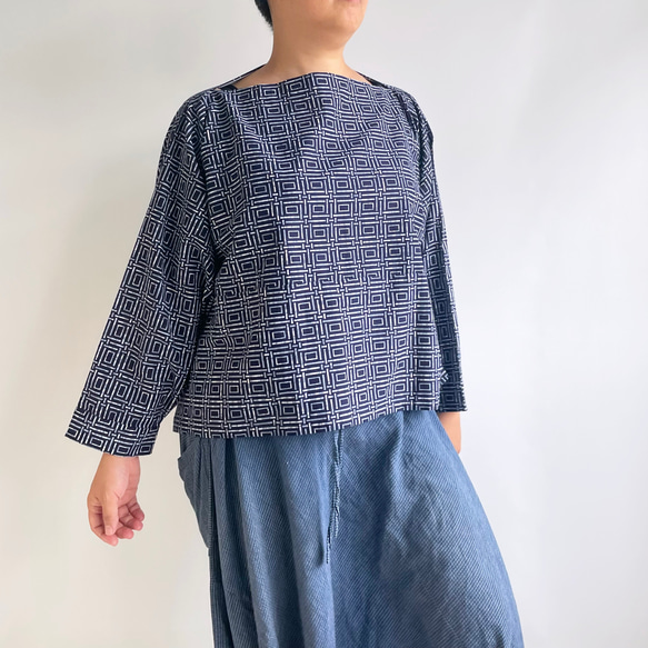 【1点もの】丁字のプルオーバー2way -浴衣地 紺に変わり格子 2WB631 3枚目の画像