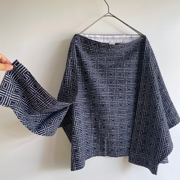 【1点もの】丁字のプルオーバー2way -浴衣地 紺に変わり格子 2WB631 7枚目の画像