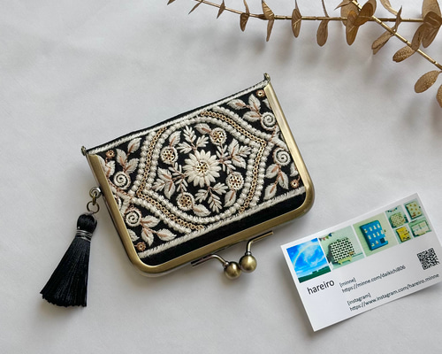 名刺入れ がま口 インド刺繍リボン カードケース スリム タッセル