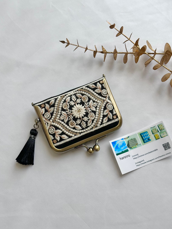 名刺入れ がま口 インド刺繍リボン カードケース スリム タッセル