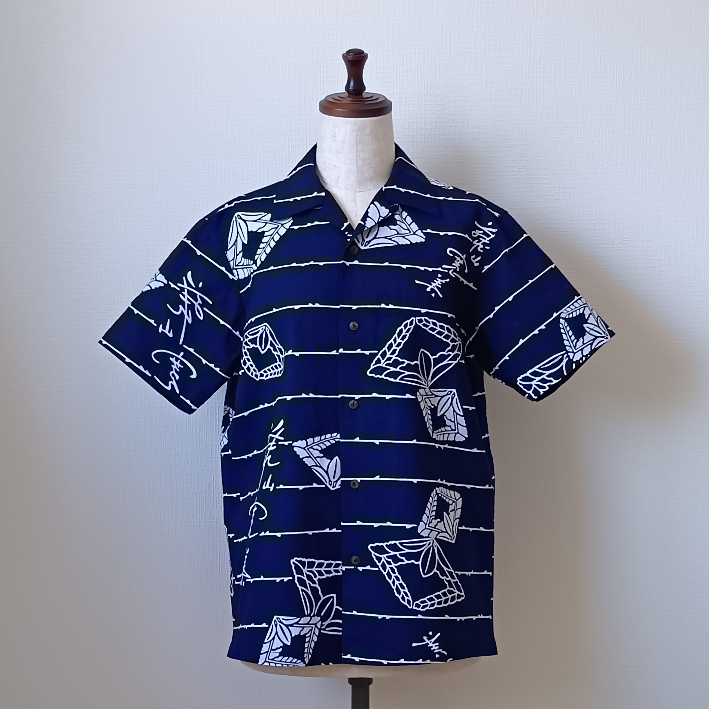 20%off 　浴衣反物から アロハシャツ　藍に藤　メンズＭ