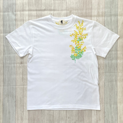 小枝ミモザ柄手描きTシャツ ミモザを一輪手描き描いたTシャツ 11枚目の画像