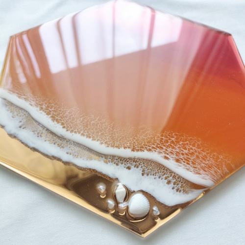 送料無料】輝く海のアート（21×18㎝）サンセットオレンジ 海