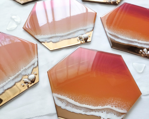 送料無料】輝く海のアート（21×18㎝）サンセットオレンジ 海