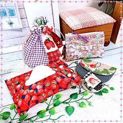 ✨SUMMER SALE✨ いちご系生地・インド刺繍リボン *布小物5点セット* 1枚目の画像