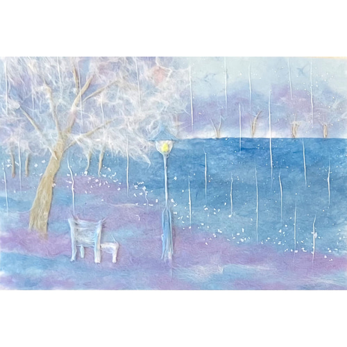 原画】和紙ちぎり絵「雨の公園」淡いブルーの癒しアート｜優しいラメの