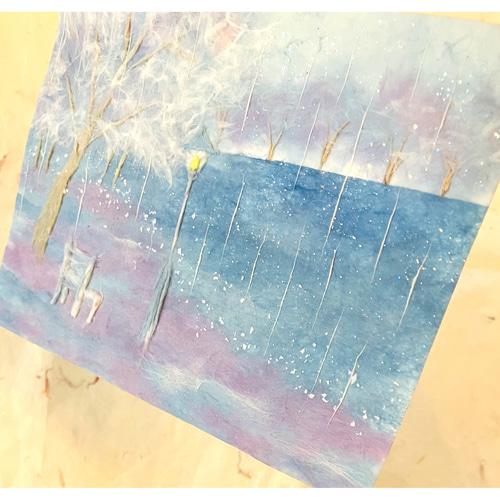 原画】和紙ちぎり絵「雨の公園」淡いブルーの癒しアート｜優しいラメの