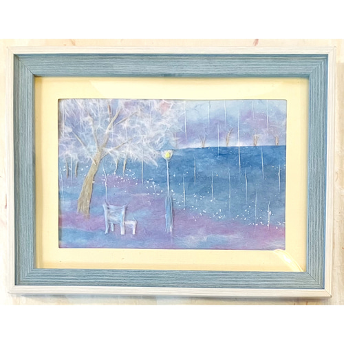 原画】和紙ちぎり絵「雨の公園」淡いブルーの癒しアート｜優しいラメの