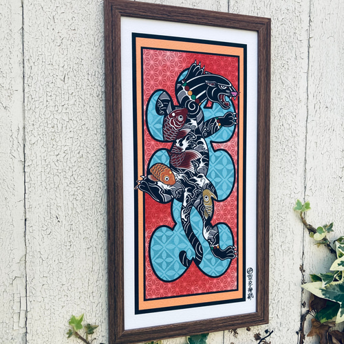 【希少】えりっくえいりあん 額装イラスト (黒電話) アートジャム神戸 本人購入 尾九 短冊画 鯉の和彫り 黒豹 大入り袋 イラスト 茶色フレーム付き