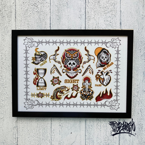 タトゥーデザイン　アートフレーム　トラディショナル　tattoo flash Tattoo Flash アメトラ タトゥー デザイン A4 フレーム付き｜尾九