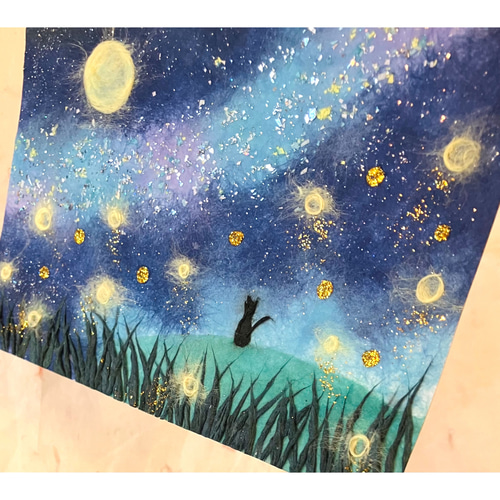 渚のハンモック　　絵画原画 原画】和紙ちぎり絵「蛍と天の川と黒猫」星空の癒しアート