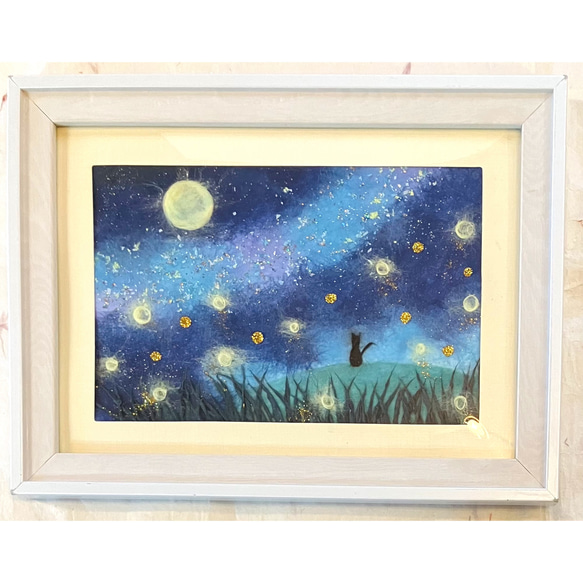 原画】和紙ちぎり絵「蛍と天の川と黒猫」星空の癒しアート｜優しいラメ