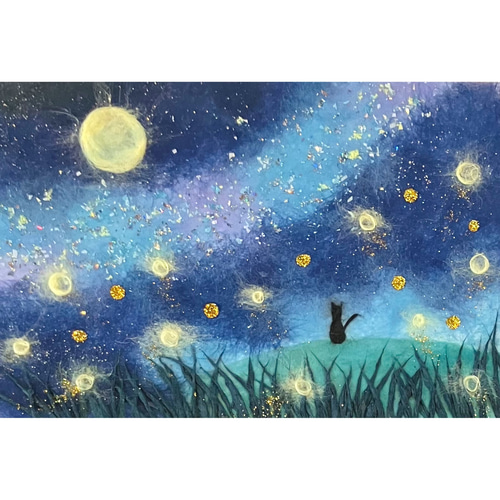 原画】和紙ちぎり絵「蛍と天の川と黒猫」星空の癒しアート