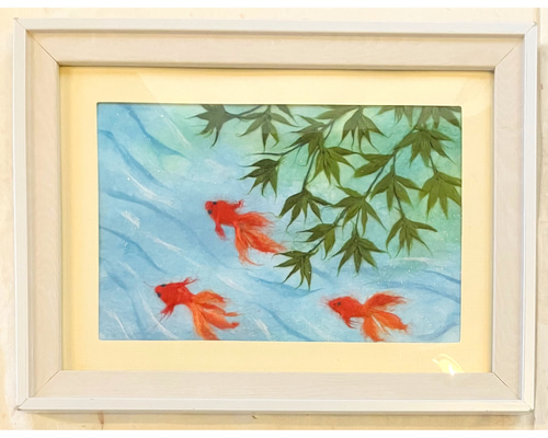 原画】和紙ちぎり絵「金魚」夏の癒しアート｜優しいラメの輝き・和