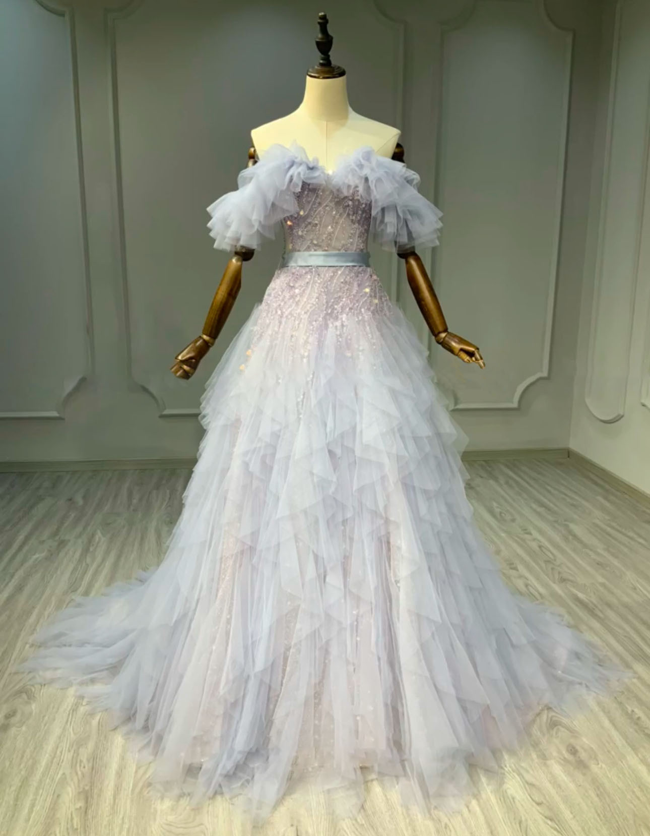 優雅　ブルー紫　オフショルダー　ラッフルスカート　Aライン　カラードレス　パーディードレス二次会チュール演奏会発表会など