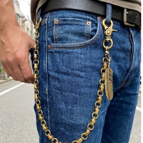 オープン特価 真鍮 ハンドメイド メンズ ウォレットチェーン フェザー