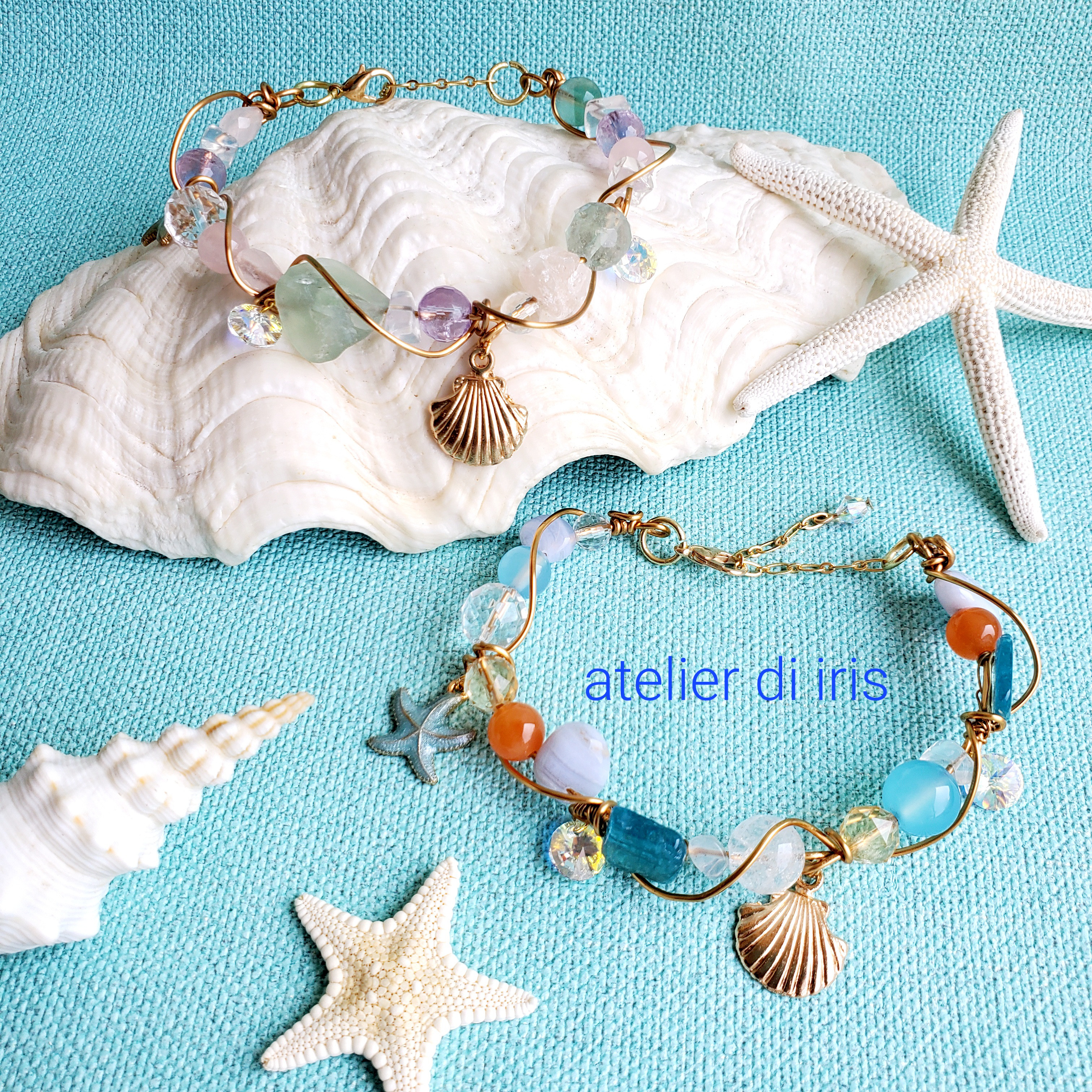 【個数限定販売】天然石　サマー　ブレス　ヒトデ　貝殻　ワイヤーアクセサリー　ローズクォーツ　クリスタル　シトリン