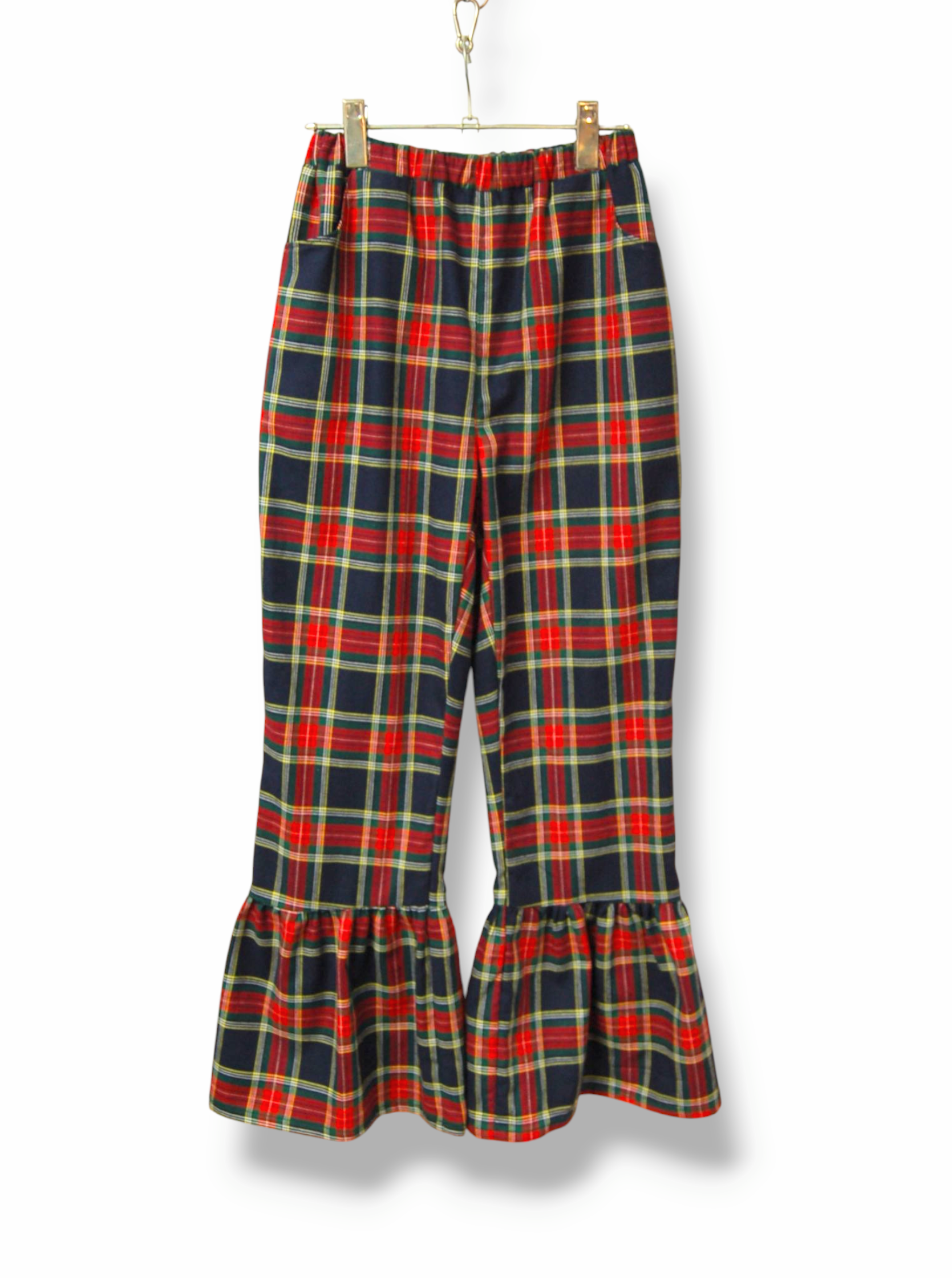 タータンチェック　裾フリルコットンフレアパンツ:ネイビー