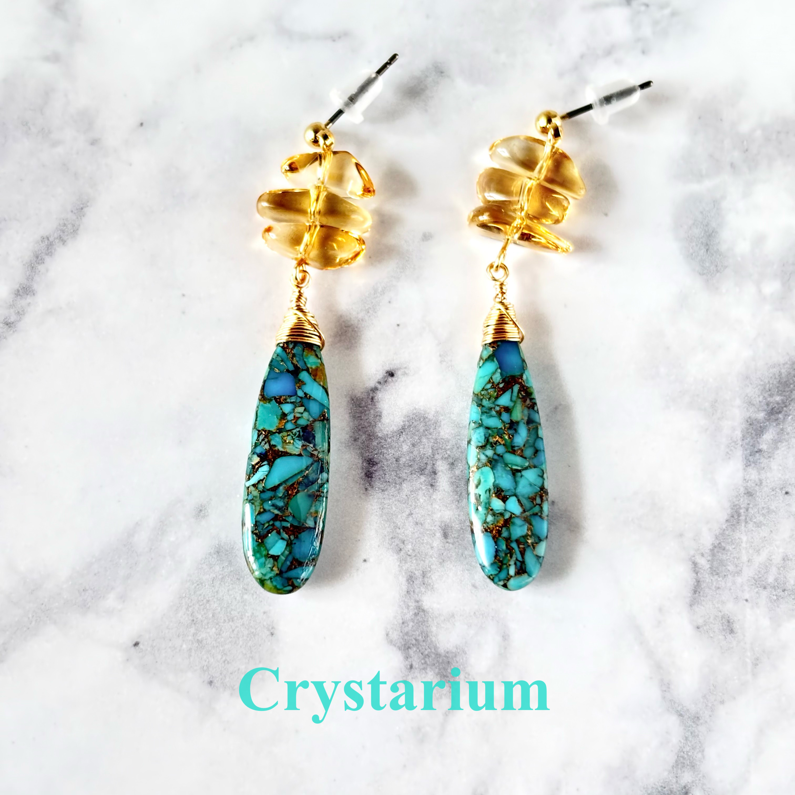 ターコイズコッパーとシトリンの大ぶり雫ピアス