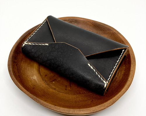 一点物】イタリアンレザー 名刺入れ 総手縫 ハンドメイド/ 黒×茶 バイ