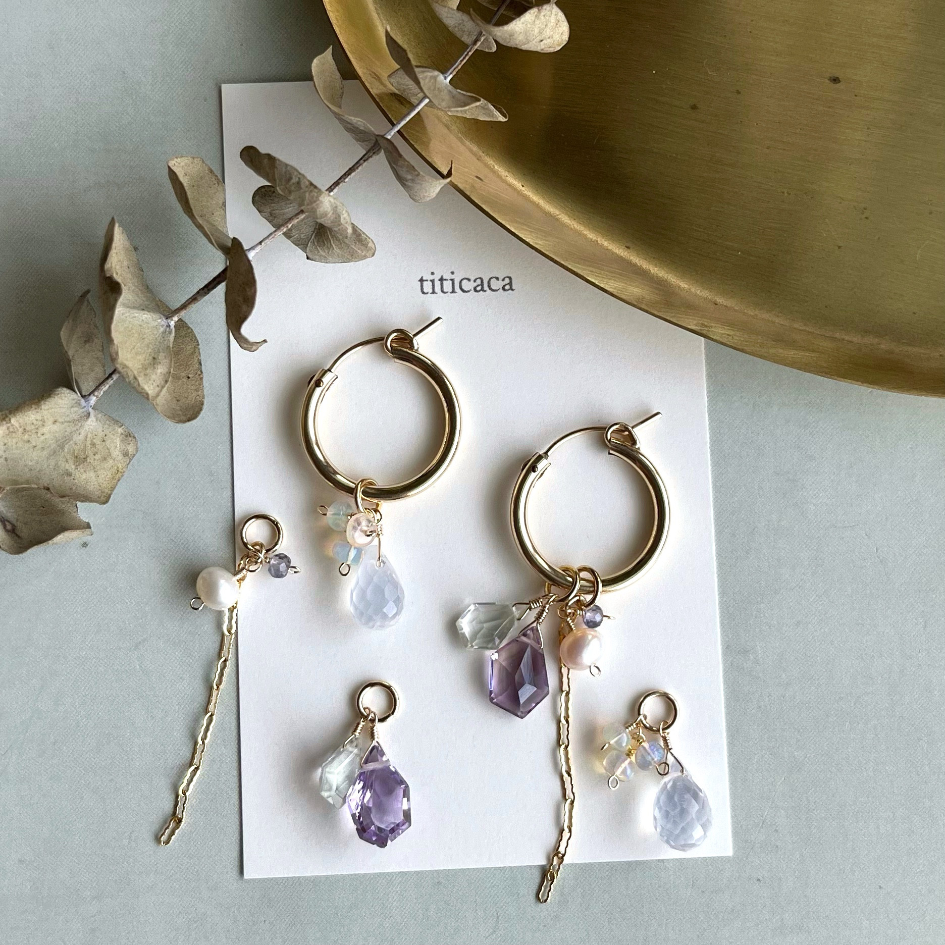 2種のアメジストとアイスクォーツ、14kgfチェーンの着せ替え【チャームセット】