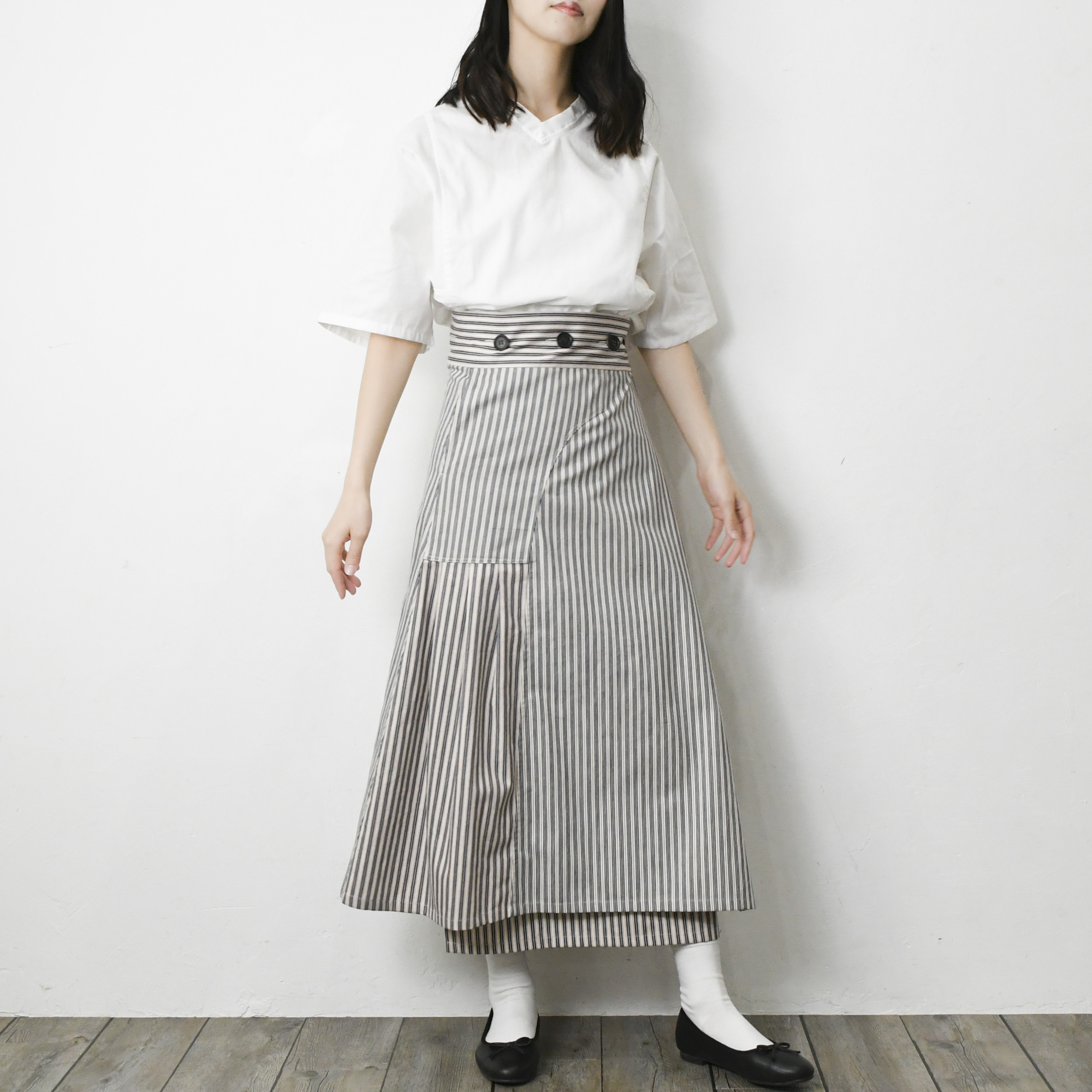 送料無料【完全一点物】ハイウエスト巻きスカート（ネイビーストライプ）