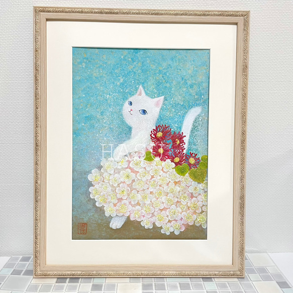 新作商品 油彩画 花畑猫 原画 絵画 花 猫 オリジナル ミニ絵画