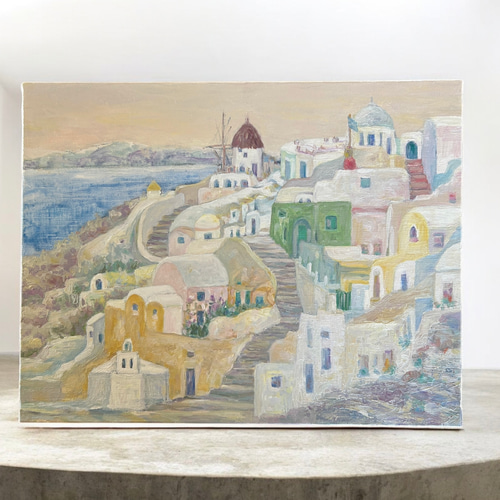 エーゲ海に浮かぶ島（油絵6号、ギリシャ、サントリーニ島の村イア