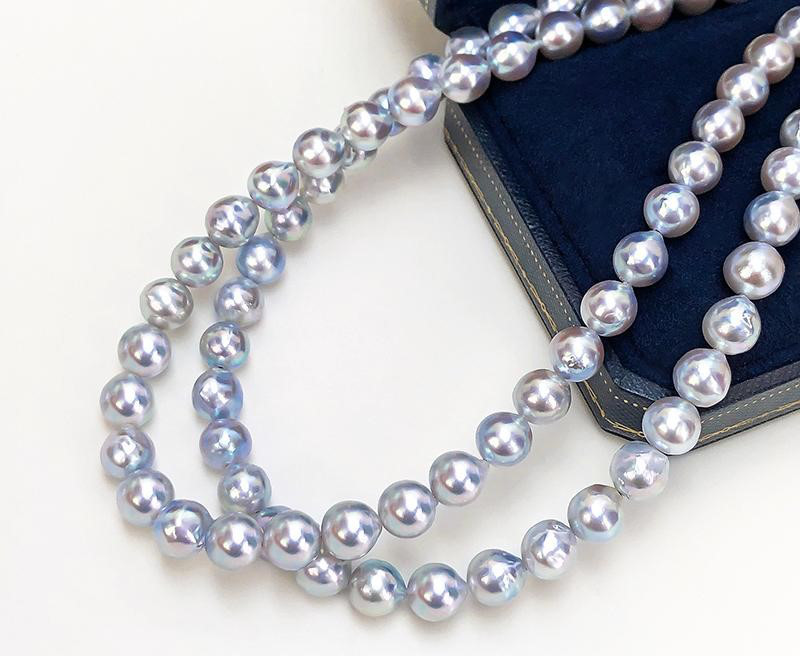 【La Corser】日本製 7-9mm バロック 麻 鎖骨 セーターパールネックレス 天然海水真珠 シルバーグレーブルー カラ