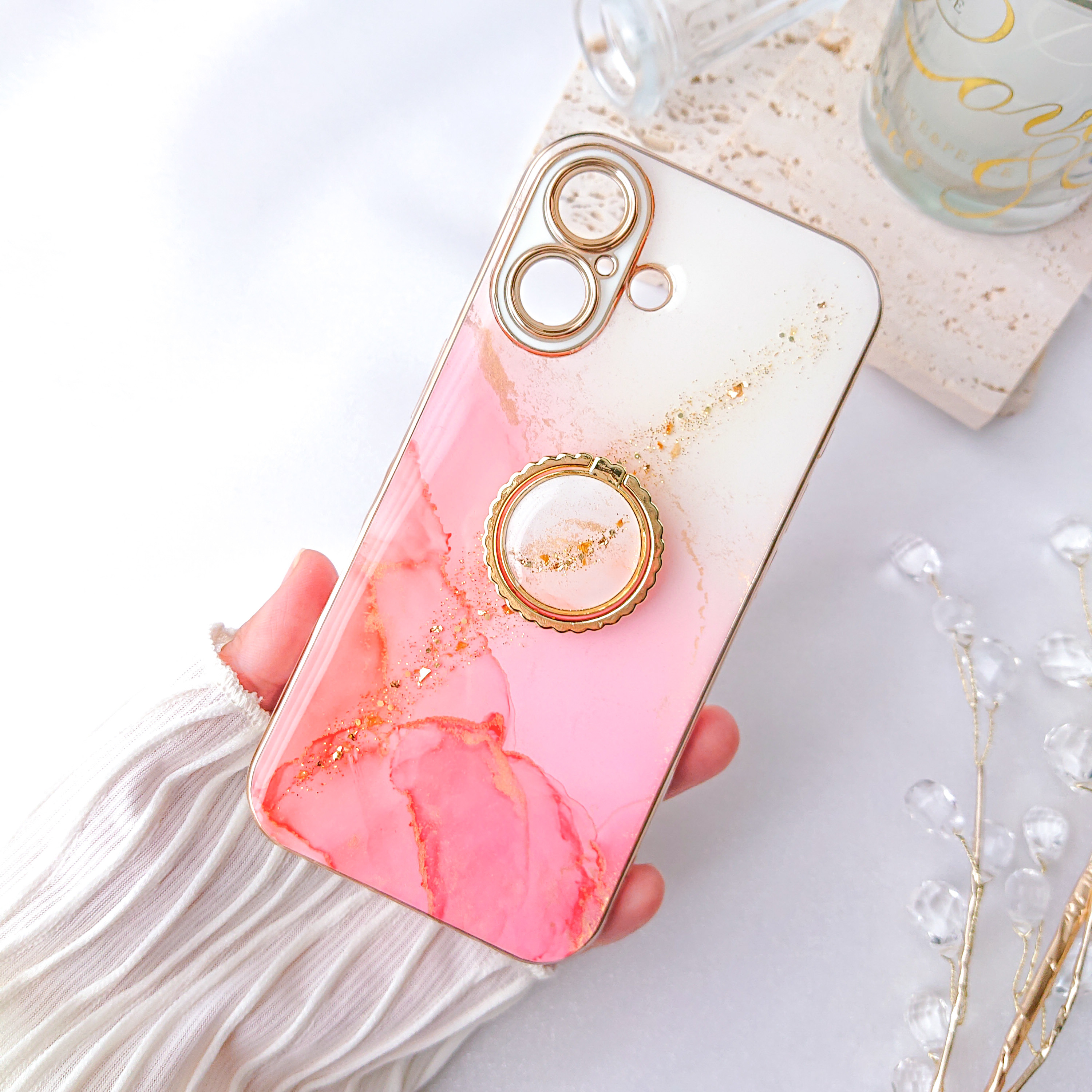 サンセットピンク　波のiPhoneケース アルコールインクアート 海　オレンジ　オーシャン　ショルダー　レジン　夕焼け