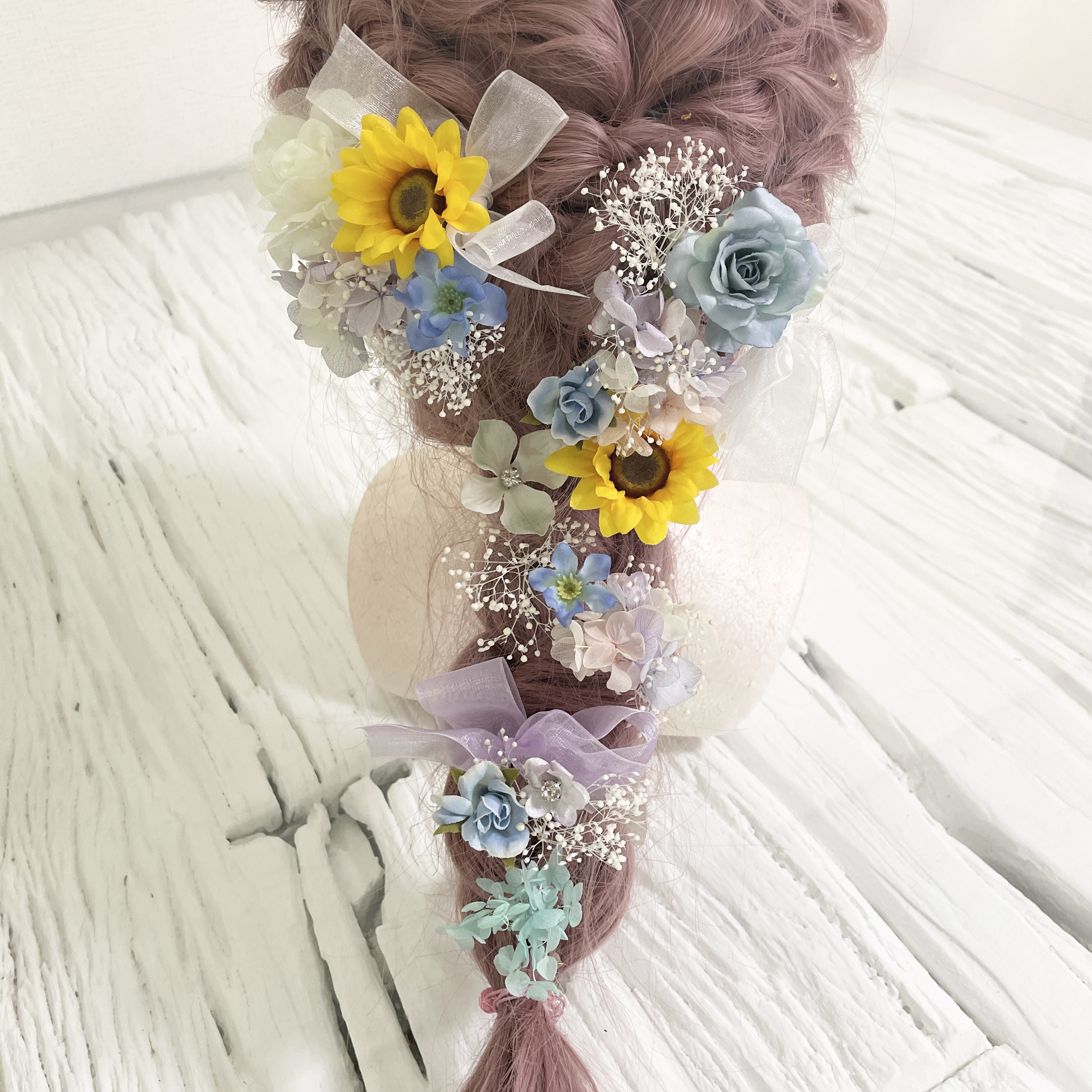 キラキラ　パール加工　髪飾り　ヘッドドレス　ラプンツェル　ひまわり