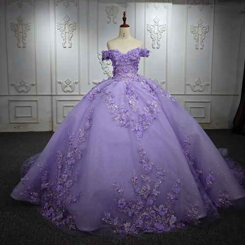 新作 おしゃれ花嫁ラベンダー色 オフショルダー お花飾り プリンセス