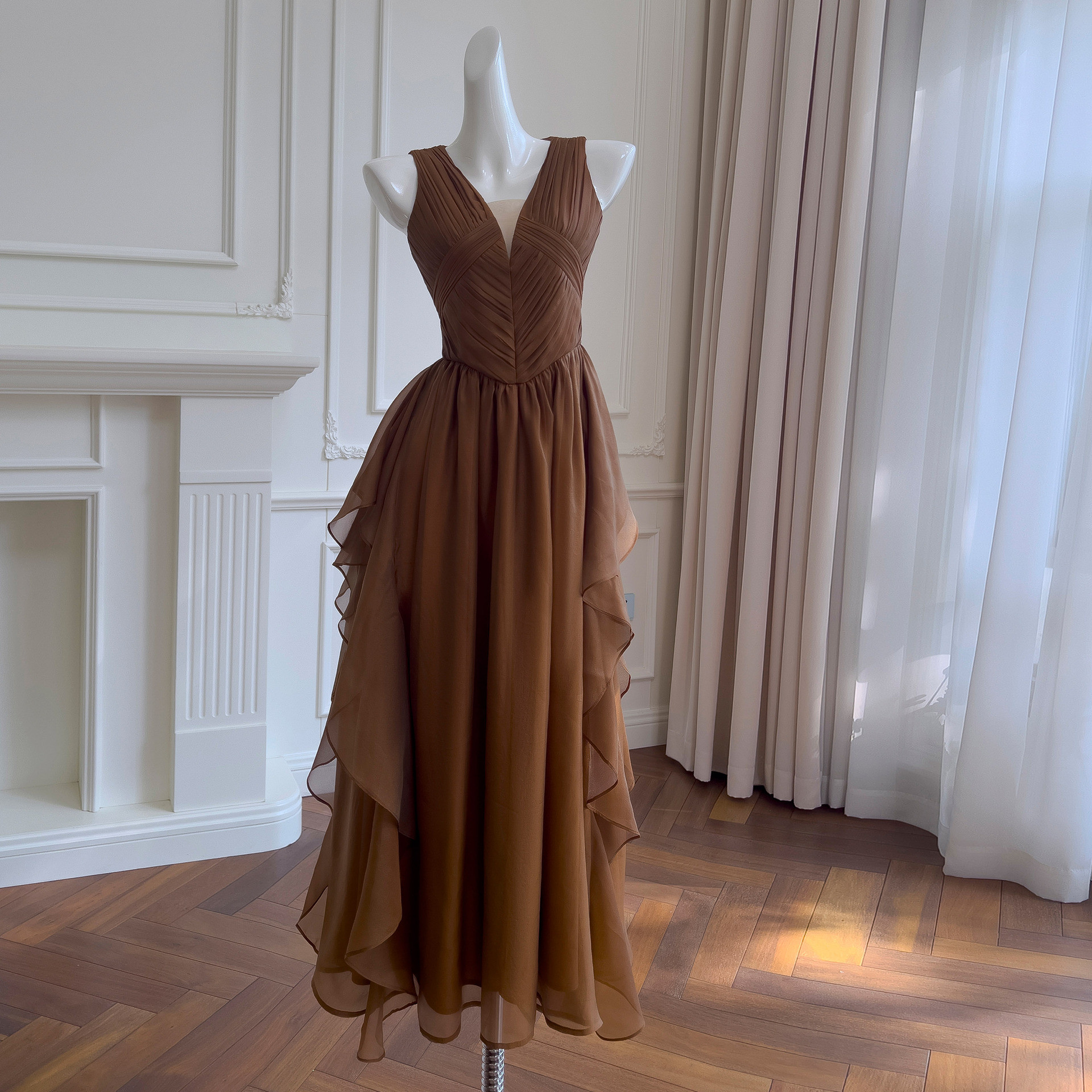 ドレス パーティー ウェディングドレス ロング ワンピース 旅行 お出かけ ブラウン 上品 韓国風 お呼ばれ 69282