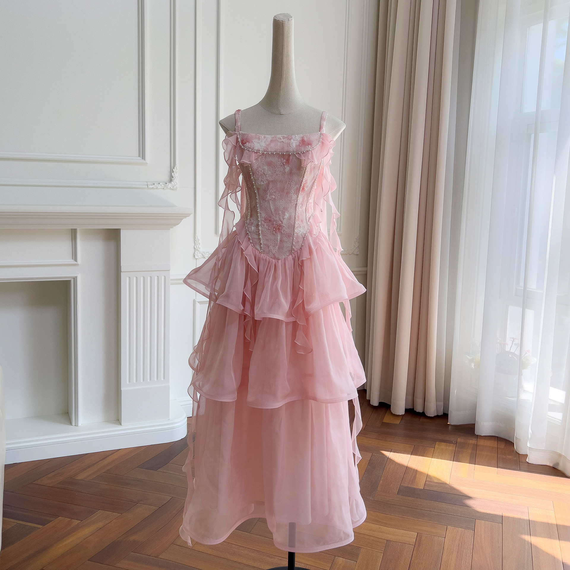 ドレス パーティー ウェディングドレス ロング ワンピース プリンセス ピンク レース 上品 韓国風 お呼ばれ69212