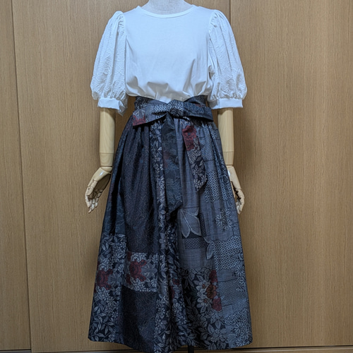 着物リメイク ギャザースカート 大島紬パッチワーク M〜L フレア  