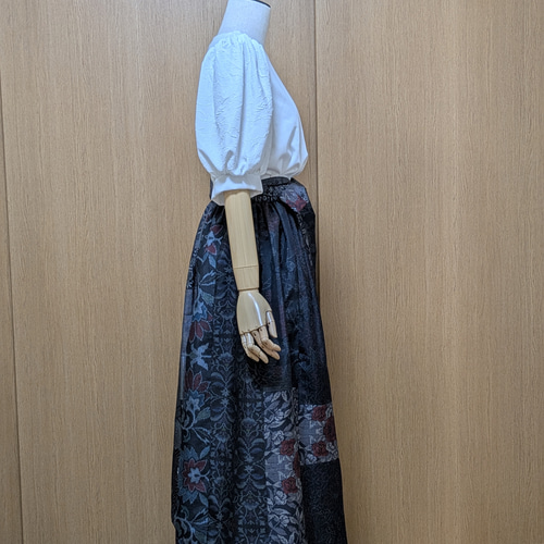 着物リメイク ギャザースカート 大島紬パッチワーク M〜L フレア  