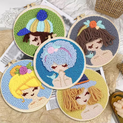 初心者OK・選べる可愛い6種】丸枠付き！パンチニードル刺繍